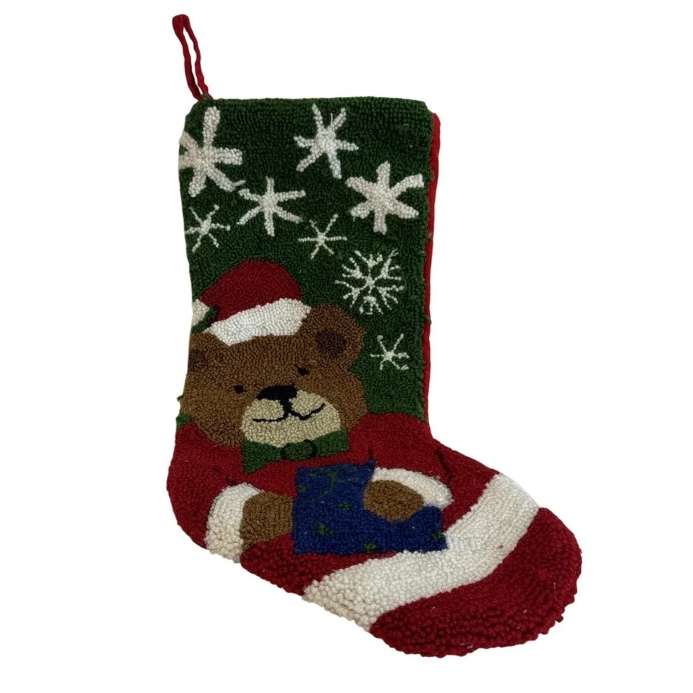 Vintage Style Hooked Wool Christmas Stocking Teddy Bear Santa Hat Snowflakes Red